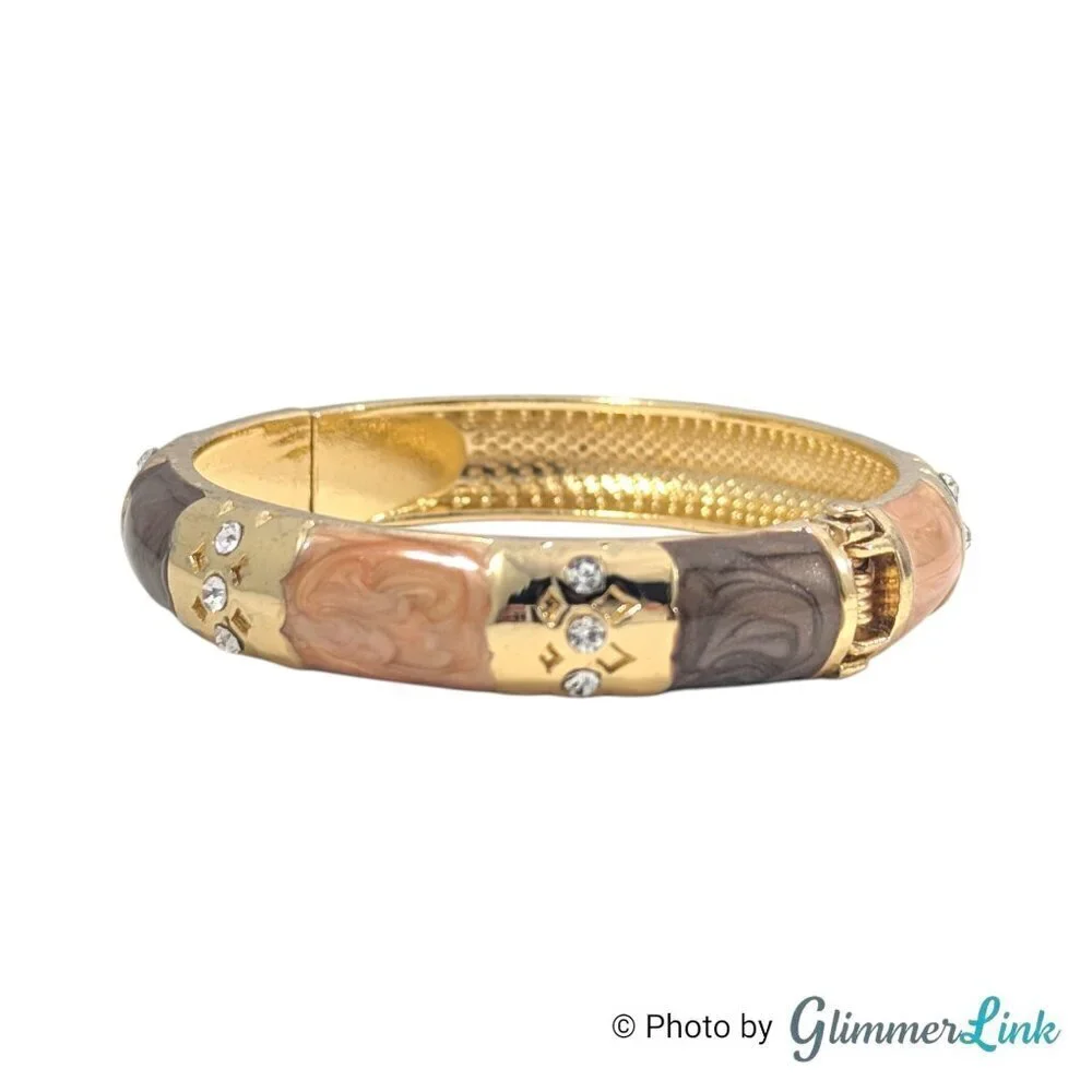 Earth Tone Enamel Gold Tone Hinged Clamper Bracelet